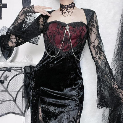 Square Neck Lace Overlay Chain Cross Crushed Velvet Bell Sleeve Midi Dress