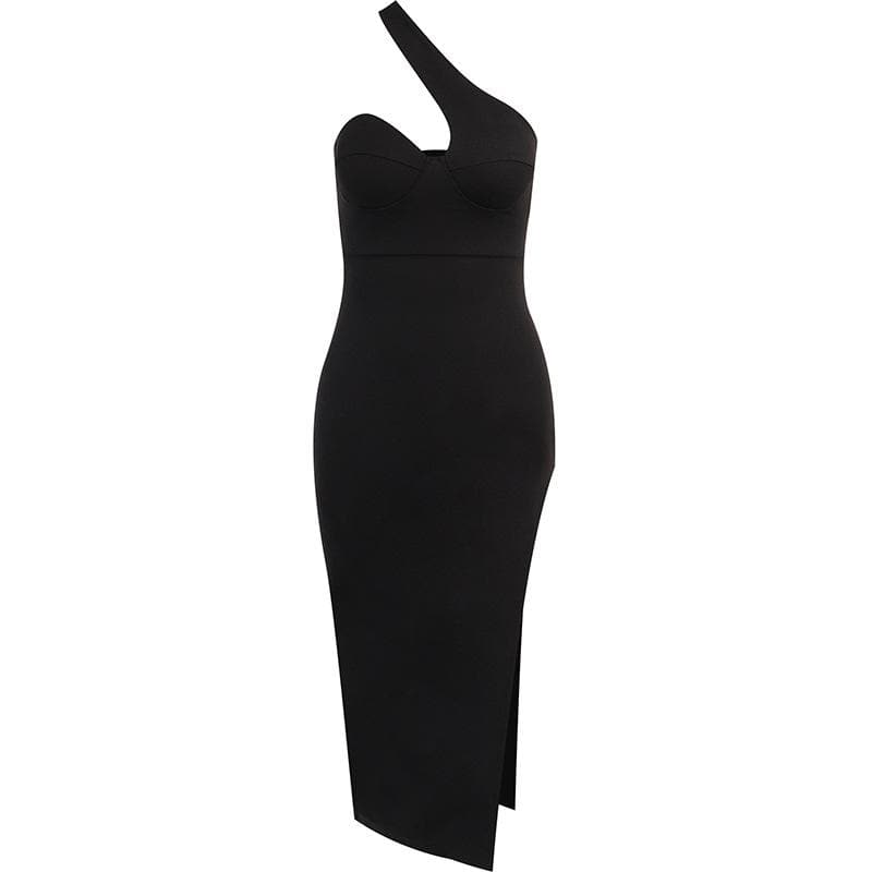 Asymmetric One Shoulder Sweetheart Bustier Side Slit Bodycon Midi Dress