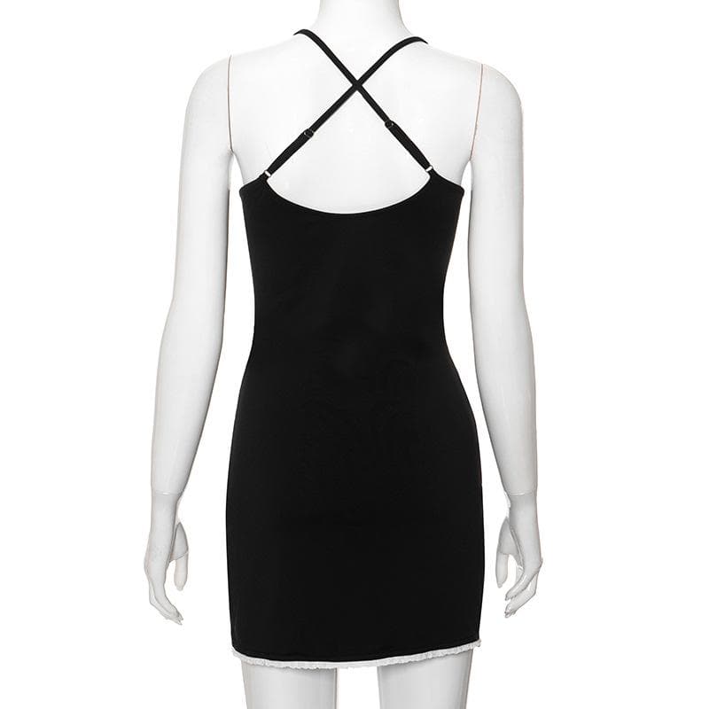 Lace Trim Scoop Neck Ribbon Bow Long Tail Lace Hem Mini Dress