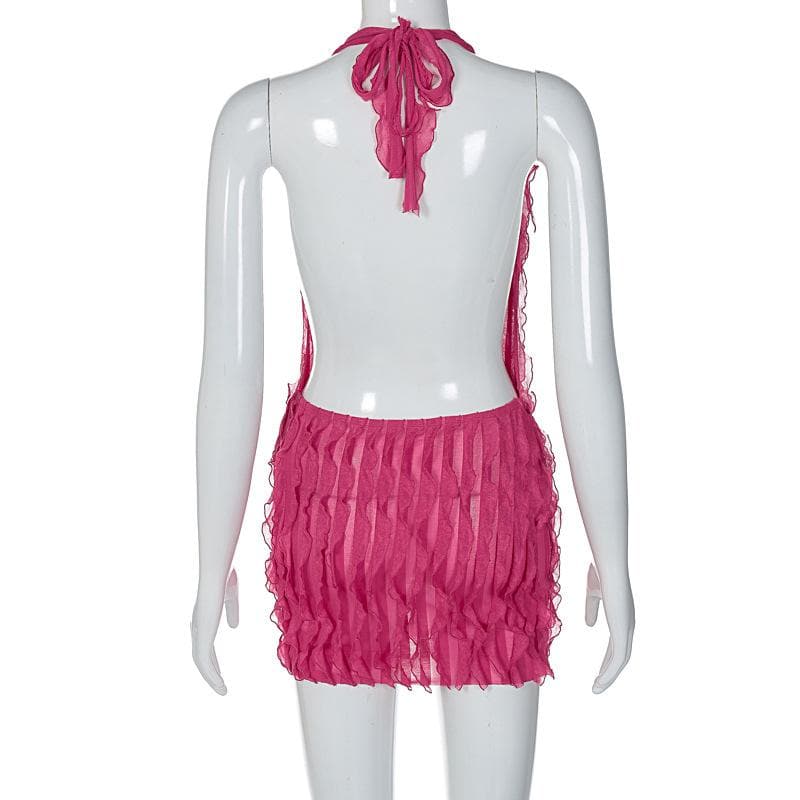 Halter Deep Plunge Vertical Ruffle Fringe Bodycon Mini Dress