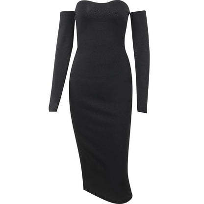 Ribbed Knit Off Shoulder Tube Thumbhole Sleeve Bodycon Maxi Dress