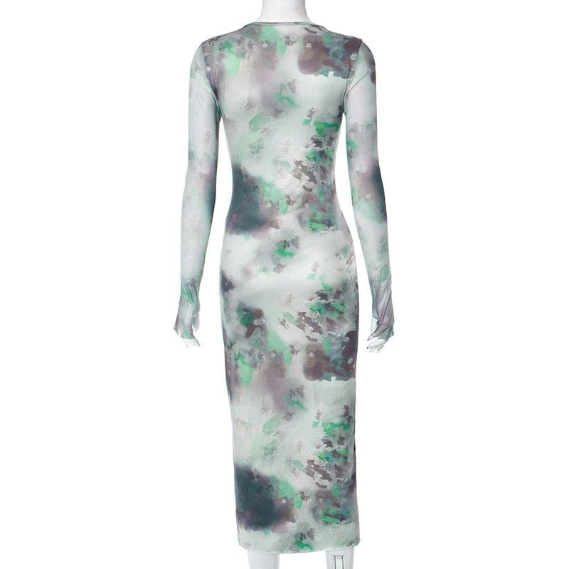 Crew Neck Long Sleeve Abstract Watercolor Print Bodycon Maxi Dress