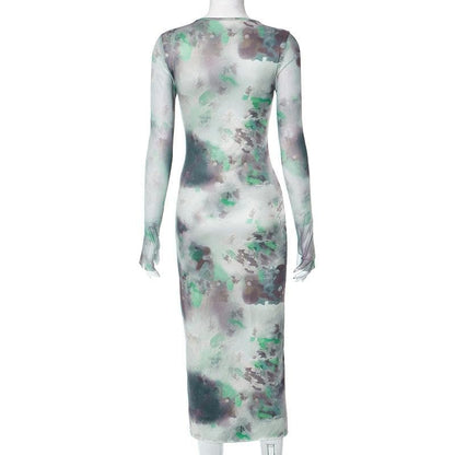 Crew Neck Long Sleeve Abstract Watercolor Print Bodycon Maxi Dress