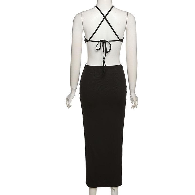 Halter Cutout Open Back Rib Knit Midi Dress