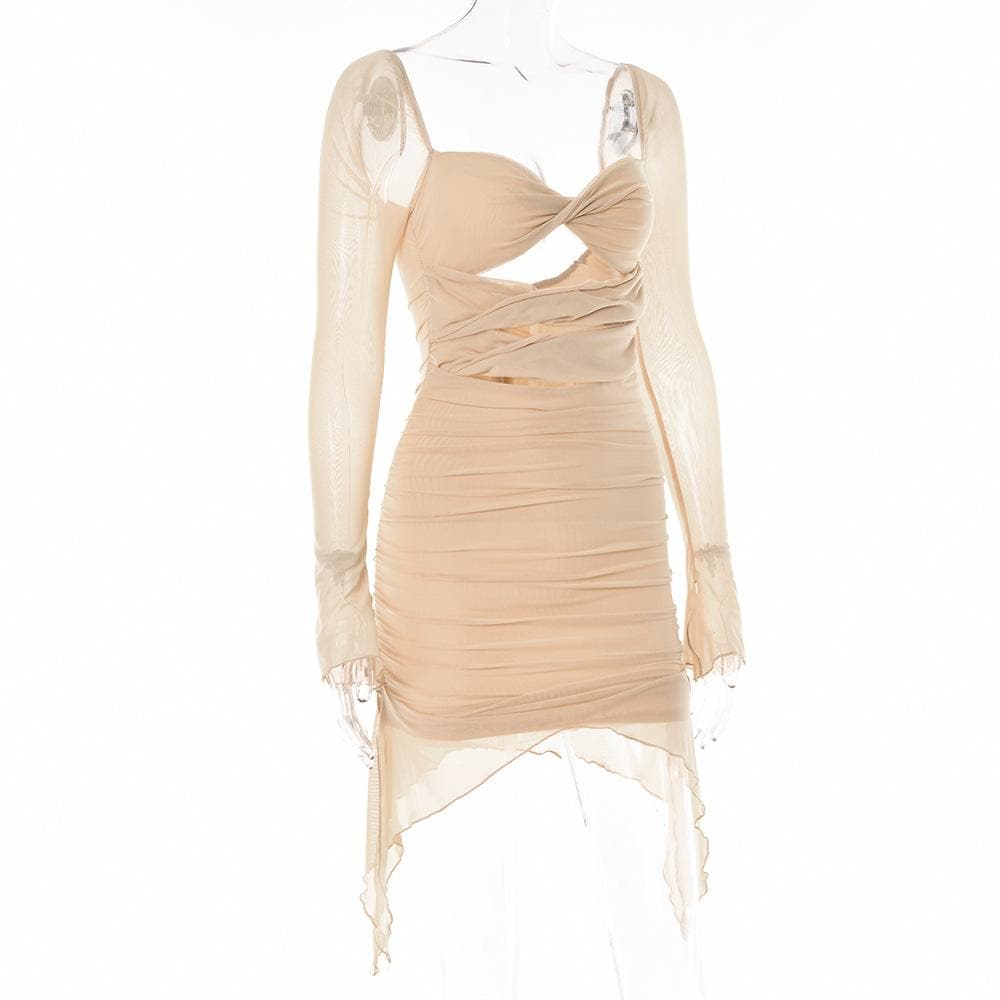 Hollow Out Mesh Bell Sleeve Sweetheart Cutout Ruched Zip Back Mini Dress