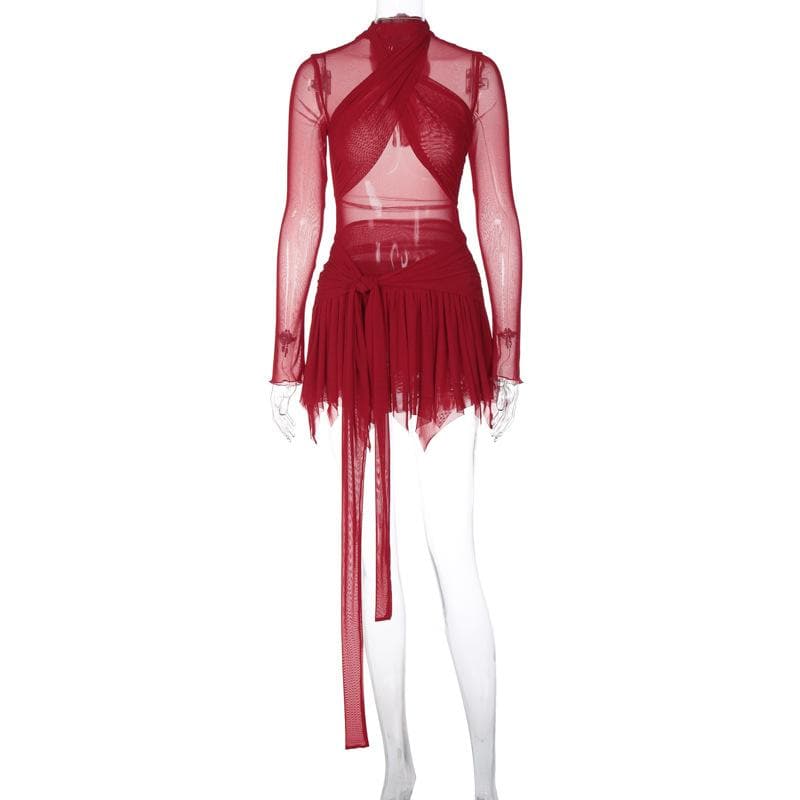 Sheer Mesh Wrap Halter Cutout Long Sleeve Pleated Tie Waist Mini Skirt Set