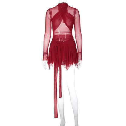 Sheer Mesh Wrap Halter Cutout Long Sleeve Pleated Tie Waist Mini Skirt Set