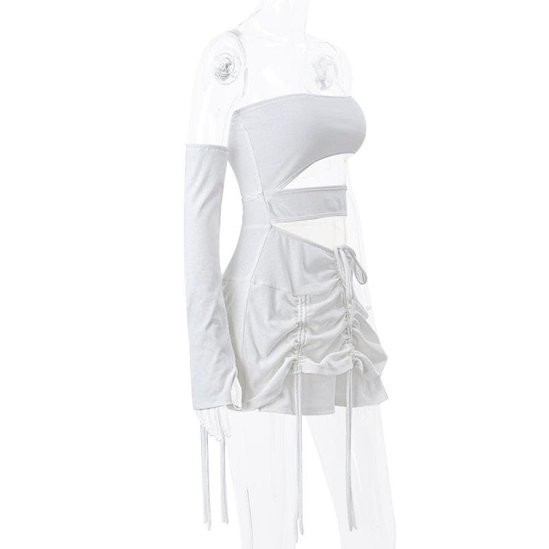 Off Shoulder Cutout Ruched Drawstring One Sleeve Mini Skirt Set