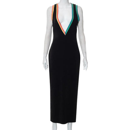 Deep V Neck Contrast Rainbow Ribbed Trim Sleeveless Bodycon Midi Dress