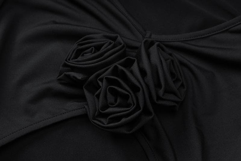 Deep V Neck 3D Rosette Applique Midriff Cutout Ruched Long Sleeve Maxi Dress