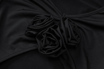 Deep V Neck 3D Rosette Applique Midriff Cutout Ruched Long Sleeve Maxi Dress