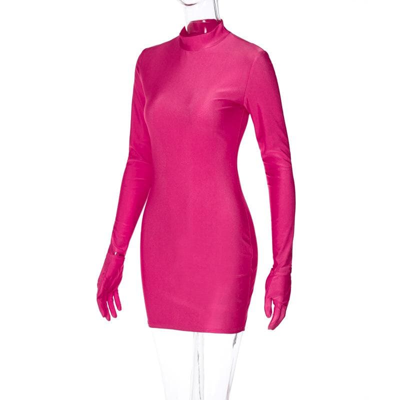 Mock Neck Integrated Glove Sleeve Bodycon Mini Dress