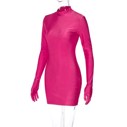 Mock Neck Integrated Glove Sleeve Bodycon Mini Dress