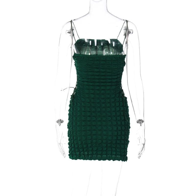 Waffle Texture Square Neck Side Lace Up Cut Out Spaghetti Strap Mini Dress