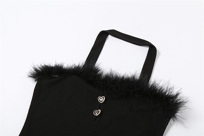 Strapless Faux Fur Trim Heart Hardware Keyhole Rib Knit Mini Dress