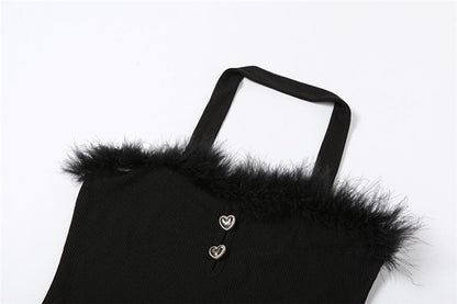 Strapless Faux Fur Trim Heart Hardware Keyhole Rib Knit Mini Dress