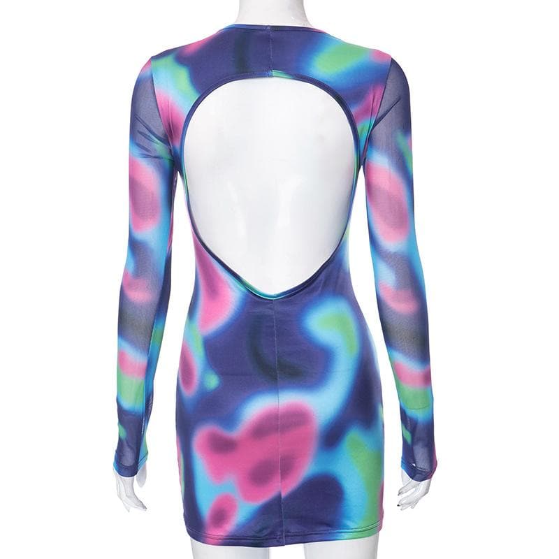 Crew Neck Abstract Aura Print Backless Long Sleeve Mini Dress