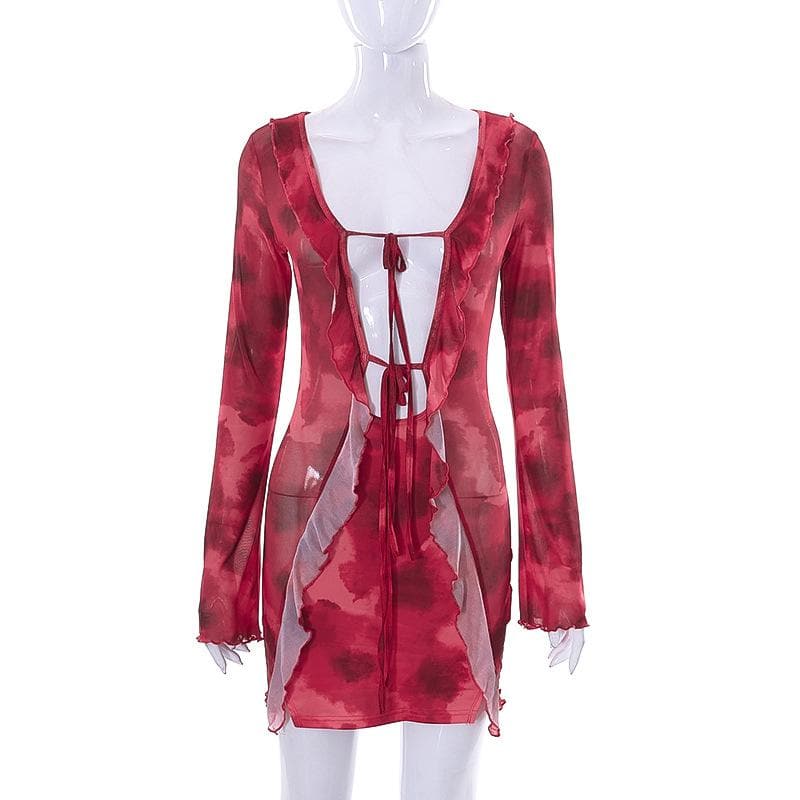 Sheer Mesh Long Sleeve Tie Front Ruffled Overlay Mini Dress Set