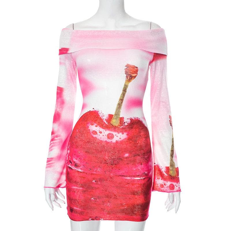 Off Shoulder Long Sleeve Graphic Tie Dye Bodycon Mini Dress