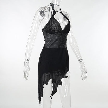 Halter Sweetheart Croc Embossed Corset Panel Shredded Hem Mini Dress