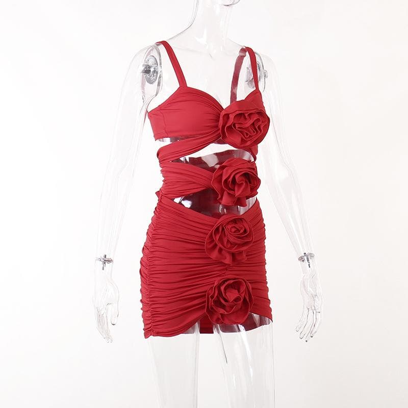 Rosette Applique Spaghetti Strap Cutout Wrap Front Ruched Mini Dress Set