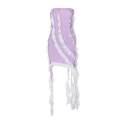 Strapless Contrast Ruffle Column Handkerchief Hem Tube Mini Dress