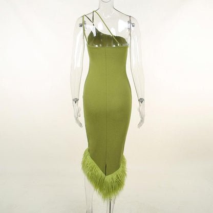 One Shoulder Fringe Trim Asymmetric Hem Bodycon Midi Dress