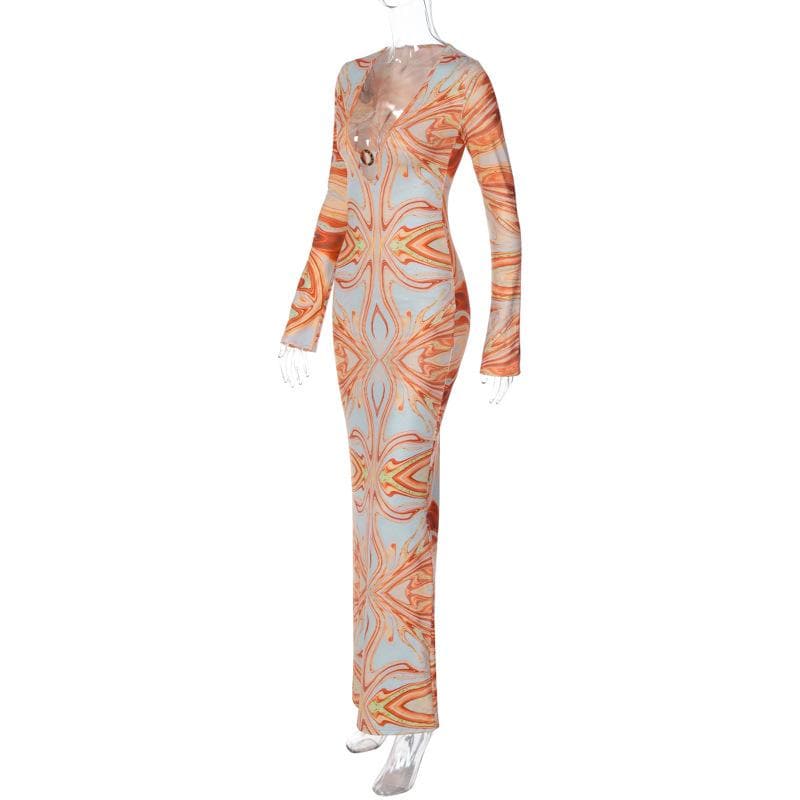 Deep V Ring Hardware Psychedelic Print Long Sleeve Bodycon Maxi Dress