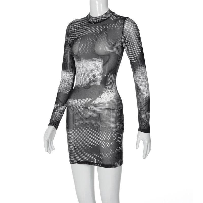 Mock Neck Long Sleeve Halftone Abstract Print Sheer Mesh Bodycon Mini Dress