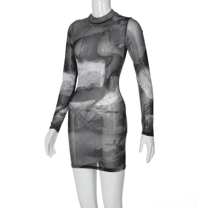 Mock Neck Long Sleeve Halftone Abstract Print Sheer Mesh Bodycon Mini Dress