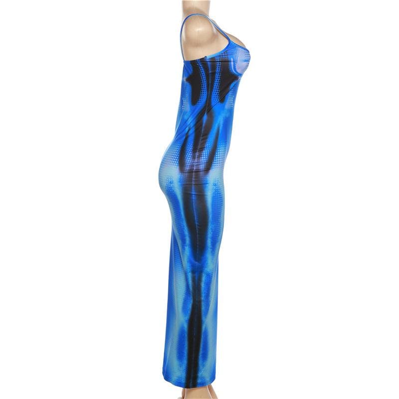 Square Neck Spaghetti Strap Trompe Loeil Contour Print Bodycon Maxi Dress