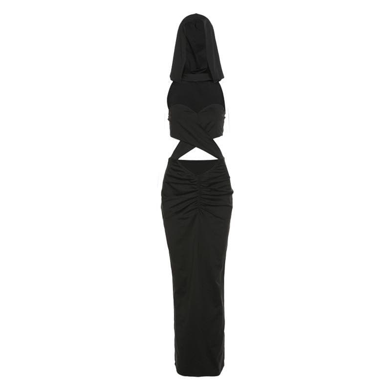 Hooded Sweetheart Criss Cross Midriff Cutout Ruched Bodycon Maxi Dress