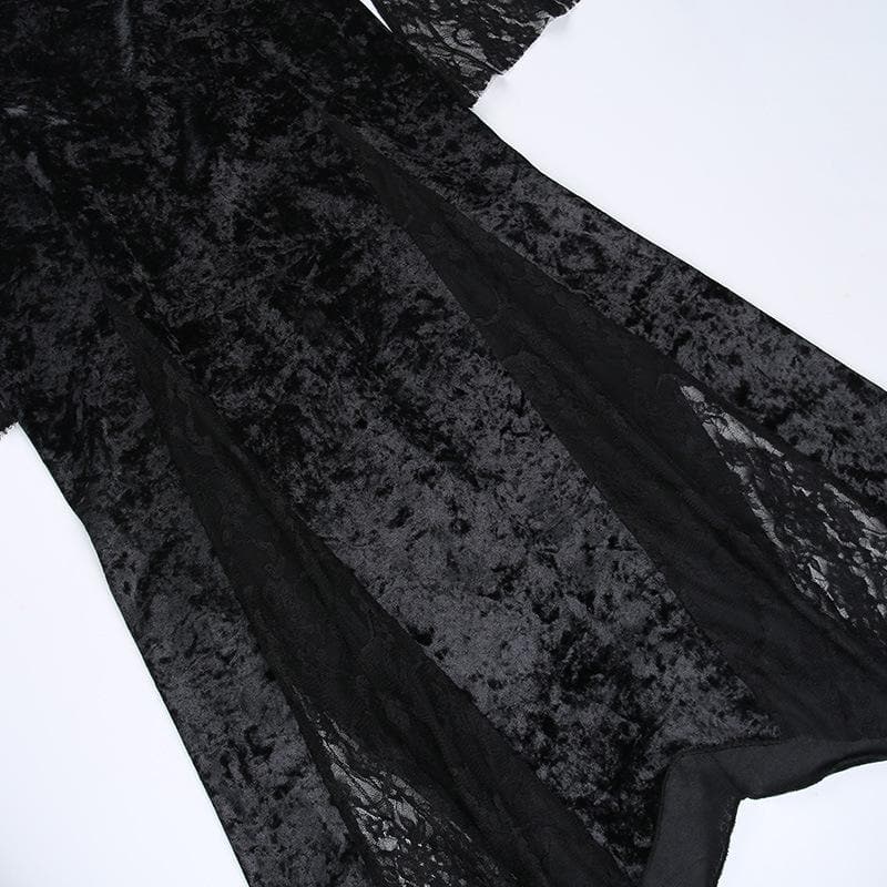 Square Neck Lace Overlay Chain Cross Crushed Velvet Bell Sleeve Midi Dress