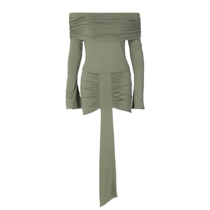 Off Shoulder Ribbon Trim Ruched Long Sleeve Mini Dress