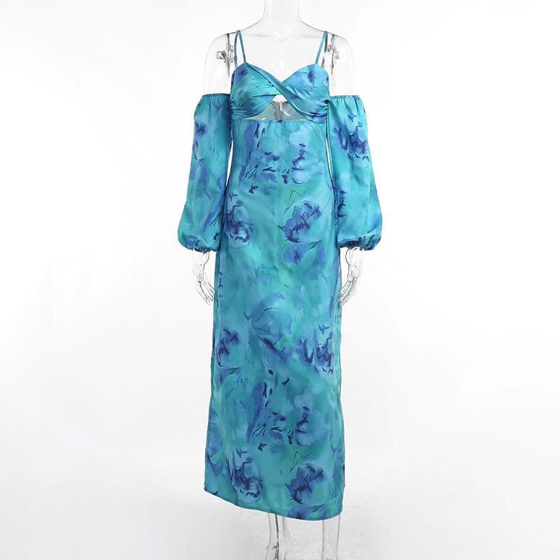 Spaghetti Strap Twist Knot Midriff Cutout Floral Print Puff Sleeve Maxi Dress