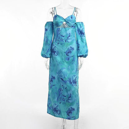 Spaghetti Strap Twist Knot Midriff Cutout Floral Print Puff Sleeve Maxi Dress