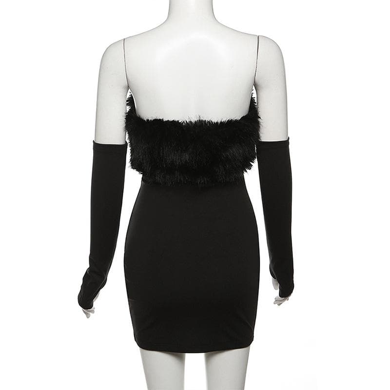 Faux Fur Trim Strapless Tube Mini Dress with Arm Warmers