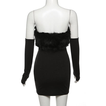 Faux Fur Trim Strapless Tube Mini Dress with Arm Warmers