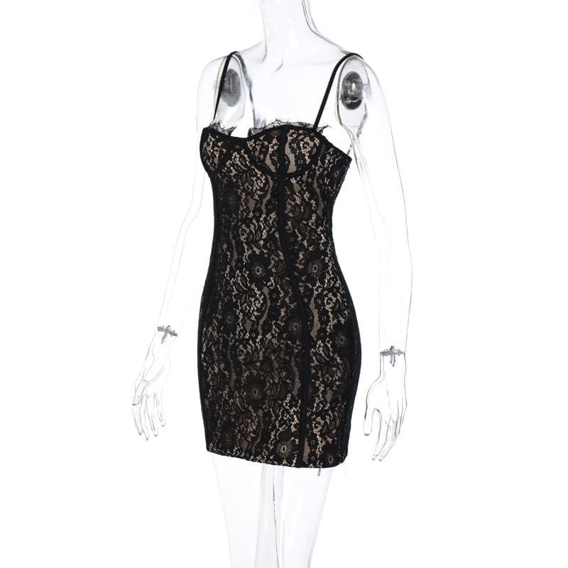 Floral Lace Sweetheart Bustier Spaghetti Strap Zip Back Mini Dress