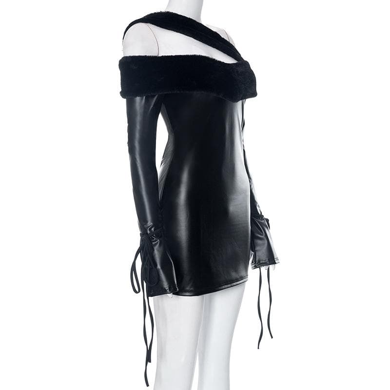 Faux Fur Trim Asymmetric Strap Off Shoulder PU Leather Long Sleeve Mini Dress