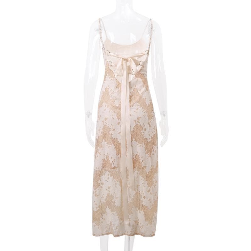 Floral Lace Open Back Ribbon Corset Lace Up Maxi Dress