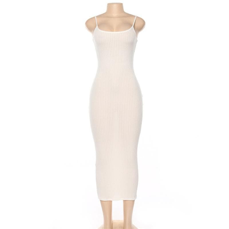 Ribbed Scoop Neck Contrast Trim Spaghetti Strap Midi Dress