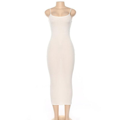 Ribbed Scoop Neck Contrast Trim Spaghetti Strap Midi Dress