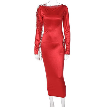 Boat Neck Long Sleeve Lace Up Cutout Tassel Satin Maxi Dress