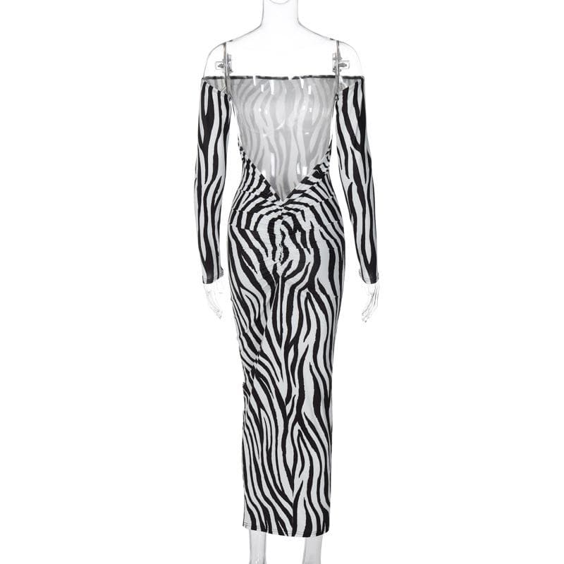 Off Shoulder Long Sleeve Zebra Print Bodycon Maxi Dress
