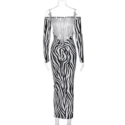 Off Shoulder Long Sleeve Zebra Print Bodycon Maxi Dress