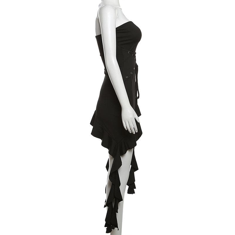 Strapless Lace Up Grommet Corset Ruffle High Low Hem Mini Dress