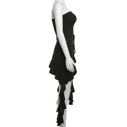 Strapless Lace Up Grommet Corset Ruffle High Low Hem Mini Dress