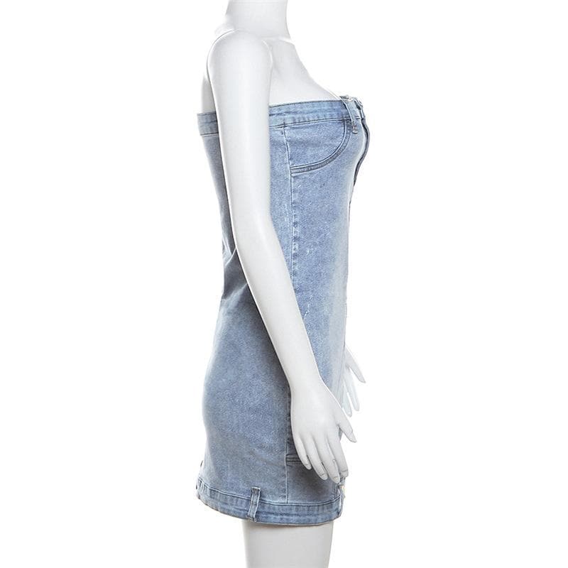 Strapless Reconstructed Waistband Denim Bodycon Mini Dress