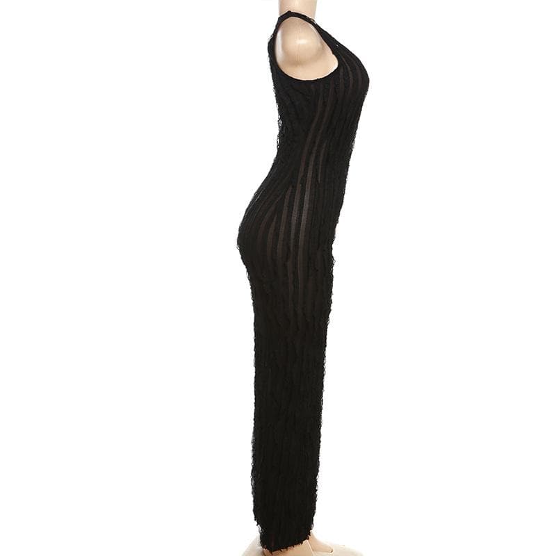 One Shoulder Vertical Ruffle Lettuce Edge Sheer Bodycon Dress